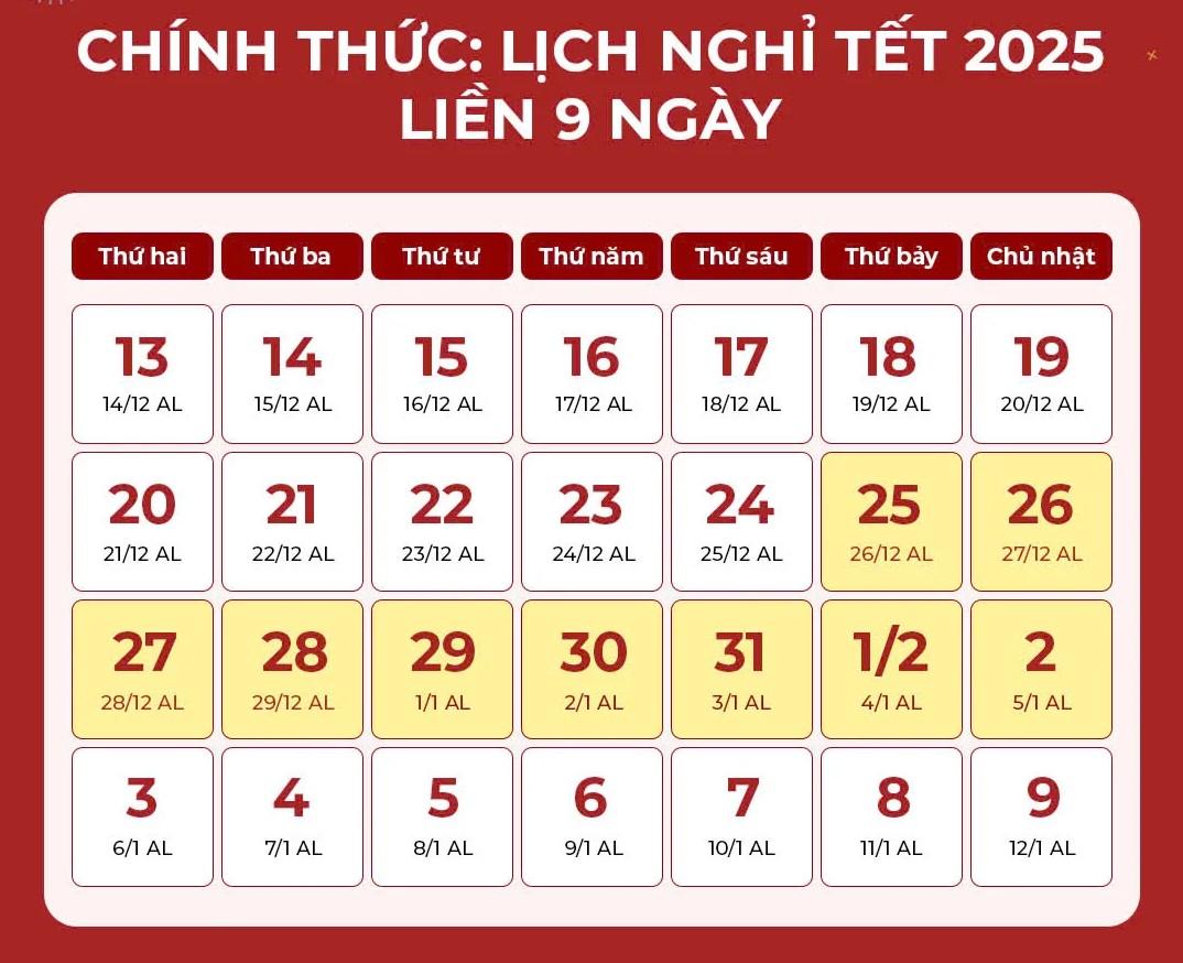 lịch nghỉ tết nguyên đán 2025