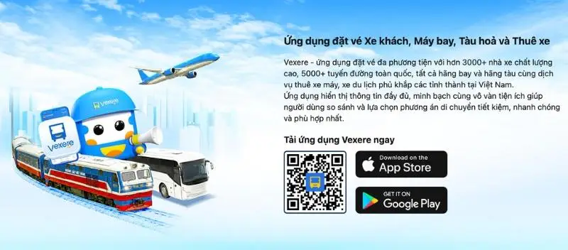 Vexere promotional graphic showing coach, plane, train and car booking options with app download badges