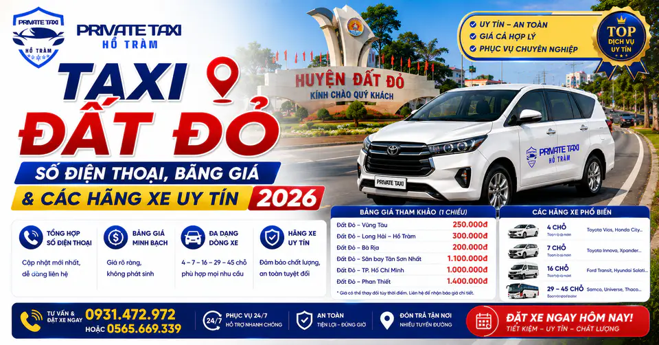 Taxi Đất Đỏ - Số Điện Thoại, Bảng Giá & Các Hãng Xe Uy Tín 2026